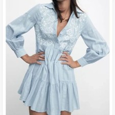 ZARA Embroidered Shirt Mini Dress Light Blue Small