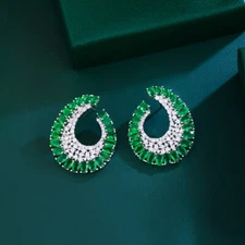 Green Cubic Zirconia CZ Amerian Crystal Oval Half Round Stud Earrings for Women