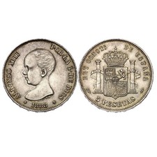 SPAIN, 679-ALFONSO XIII, 5 PESETAS 1888*18-88, MADRID MP M, SILVER, GXF.