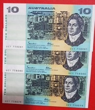 1985 AUSTRALIAN  $10 JOHNSTONE/FRASER aUN/UNC 3 CONS. NOTES UCY758079-UCY758O81