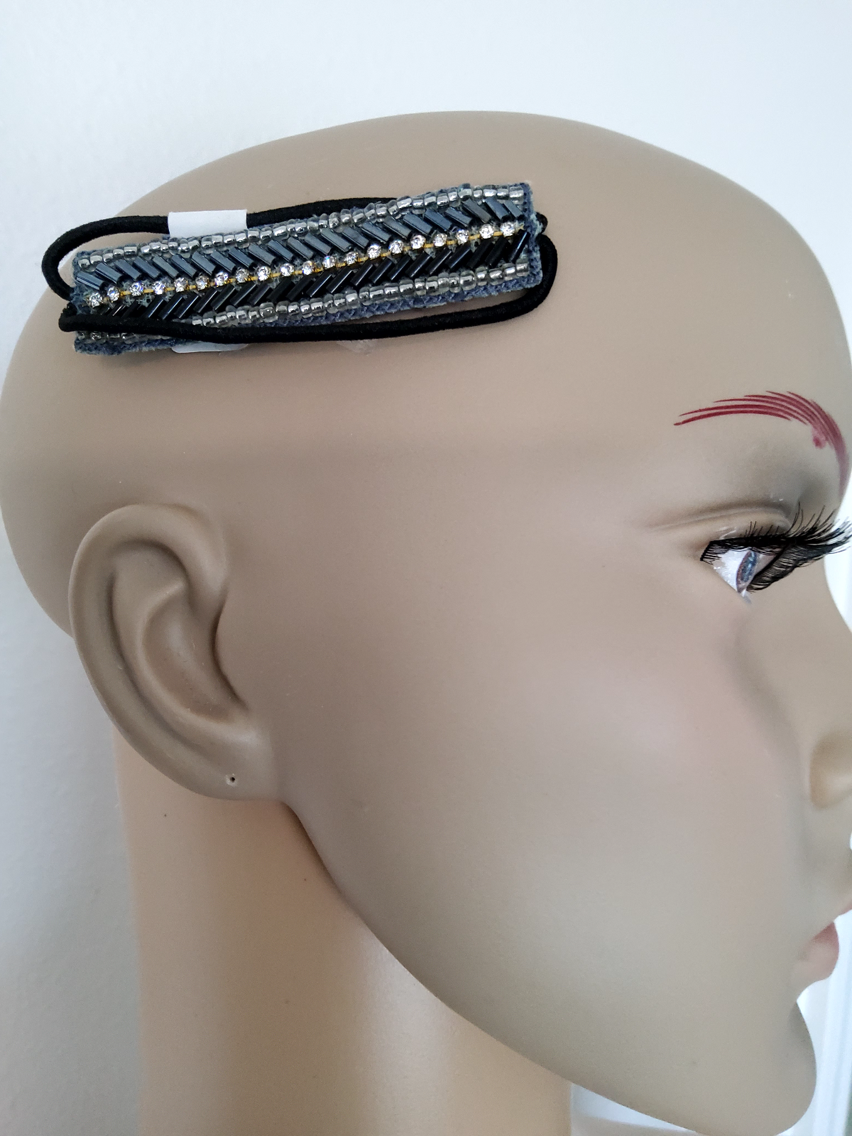 Black Elastic Hair Tie with Soft Silver Beads