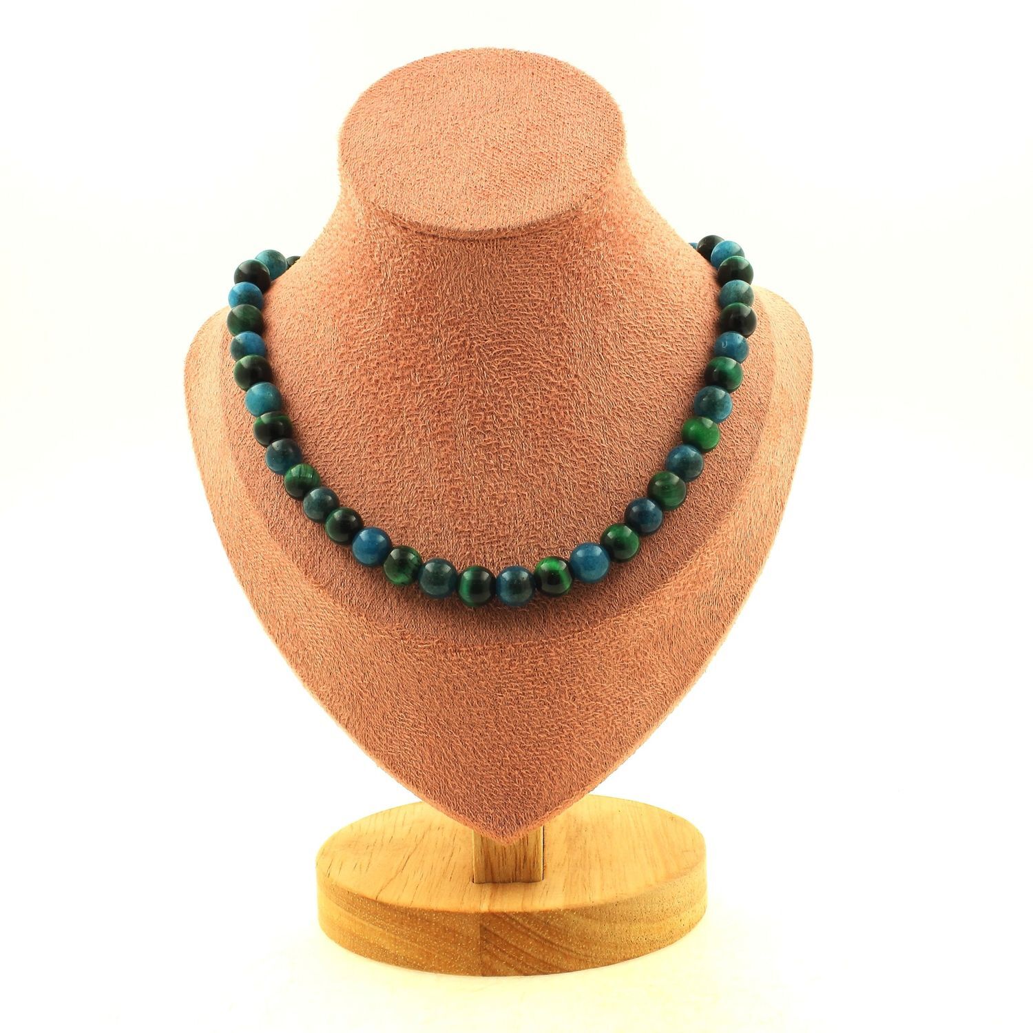 Collier perles Oeil de Tigre vert Apatite 8 mm bijou pierres naturelles