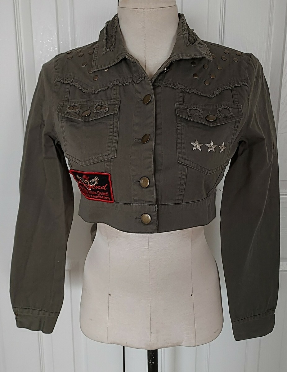 AZIZ Embellished Denim Crop Jean Jacket Khaki Military Style