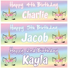 2 Personalised Birthday banner Photo Unicorn Face animal Adult Children Party