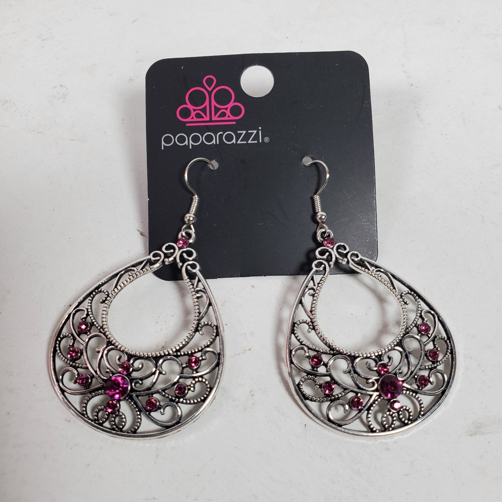 Paparazzi Statement 2.5 Inch Drop Earrings Silver Tone w/ Pink NEW