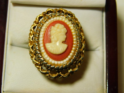 Large Vintage Red Background Cameo Gold tone Adjustable Ring