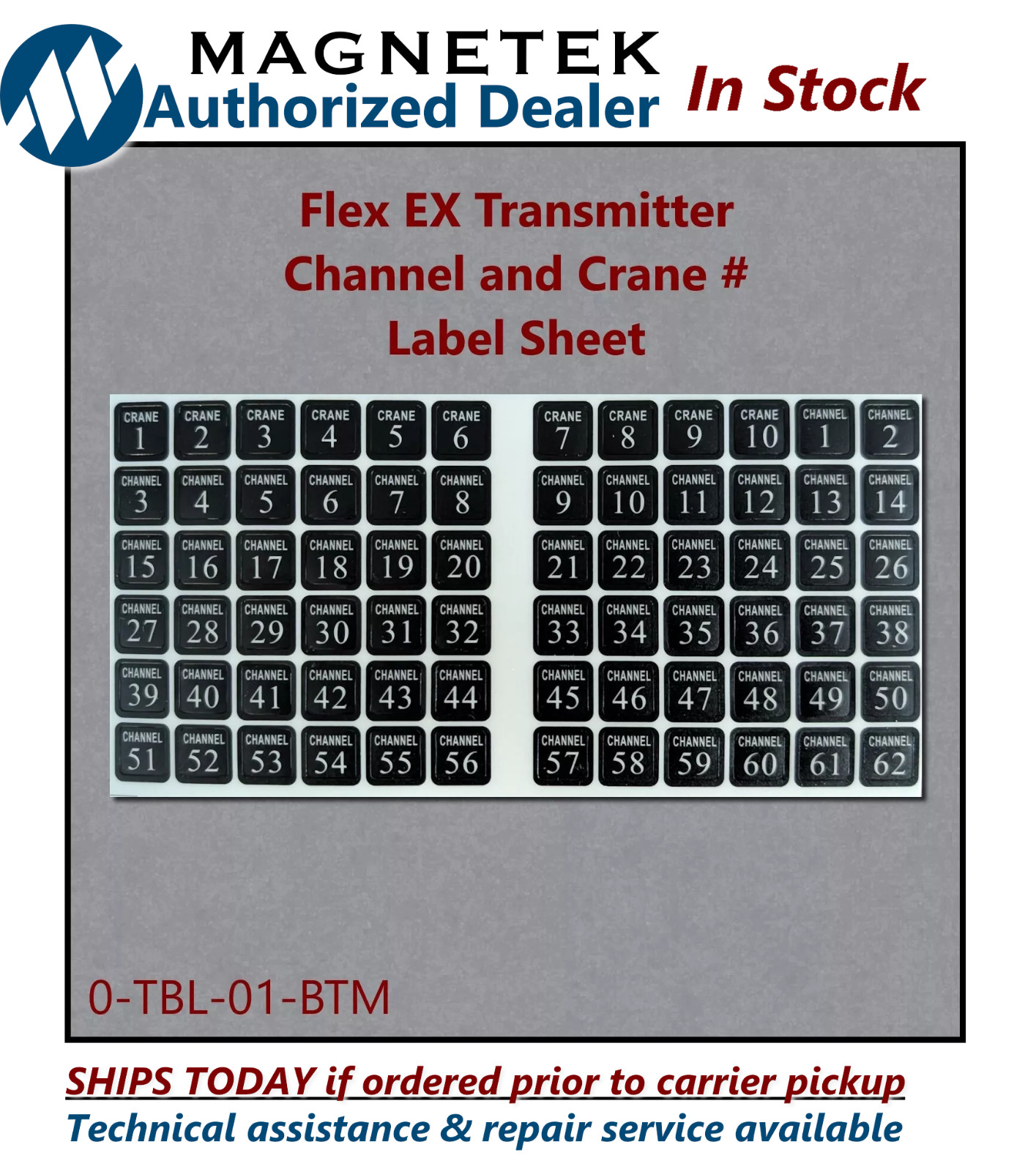 Magnetek Radio Remote TX Channel/Crane Number Decal Label Sheet 0-TBL-01-BTM