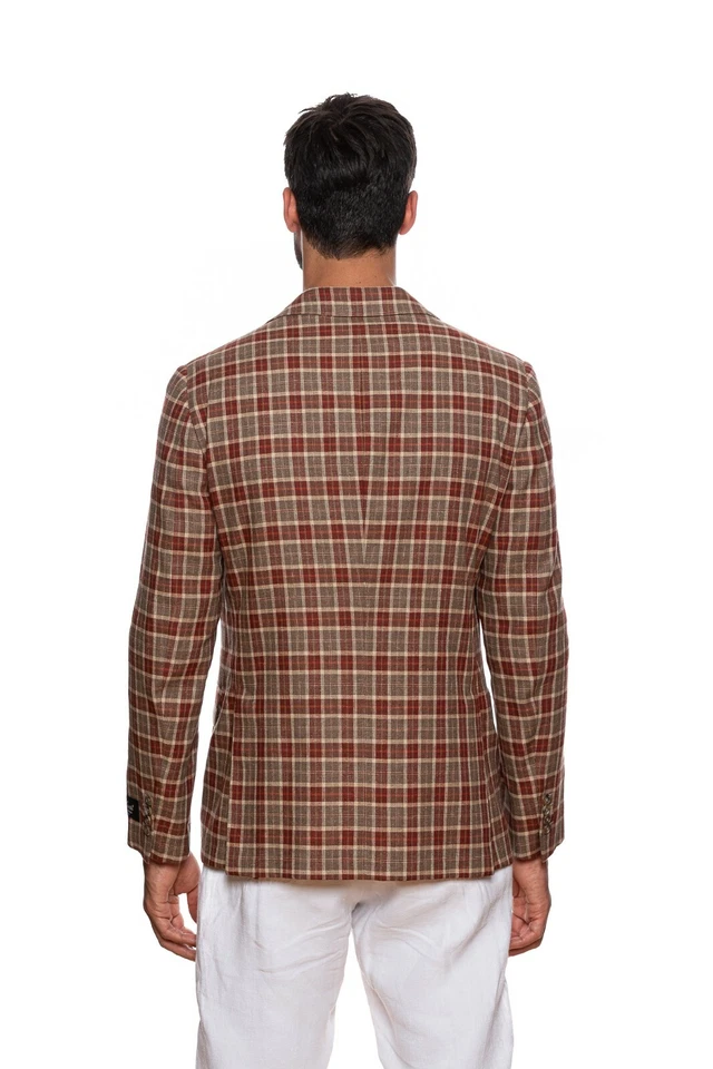 Chaqueta BELVEST Hecha en Italia Seda Lino Cuadros Marrón y Borgoña 42 EE. UU. / 52 UE 9R Foto 3 de 4