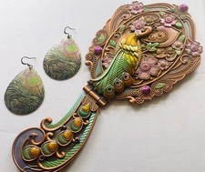 MAGNIFIQUE MIROIR et paire de BOUCLES D'OREILLES PAON ÉMAILL portable/debout
