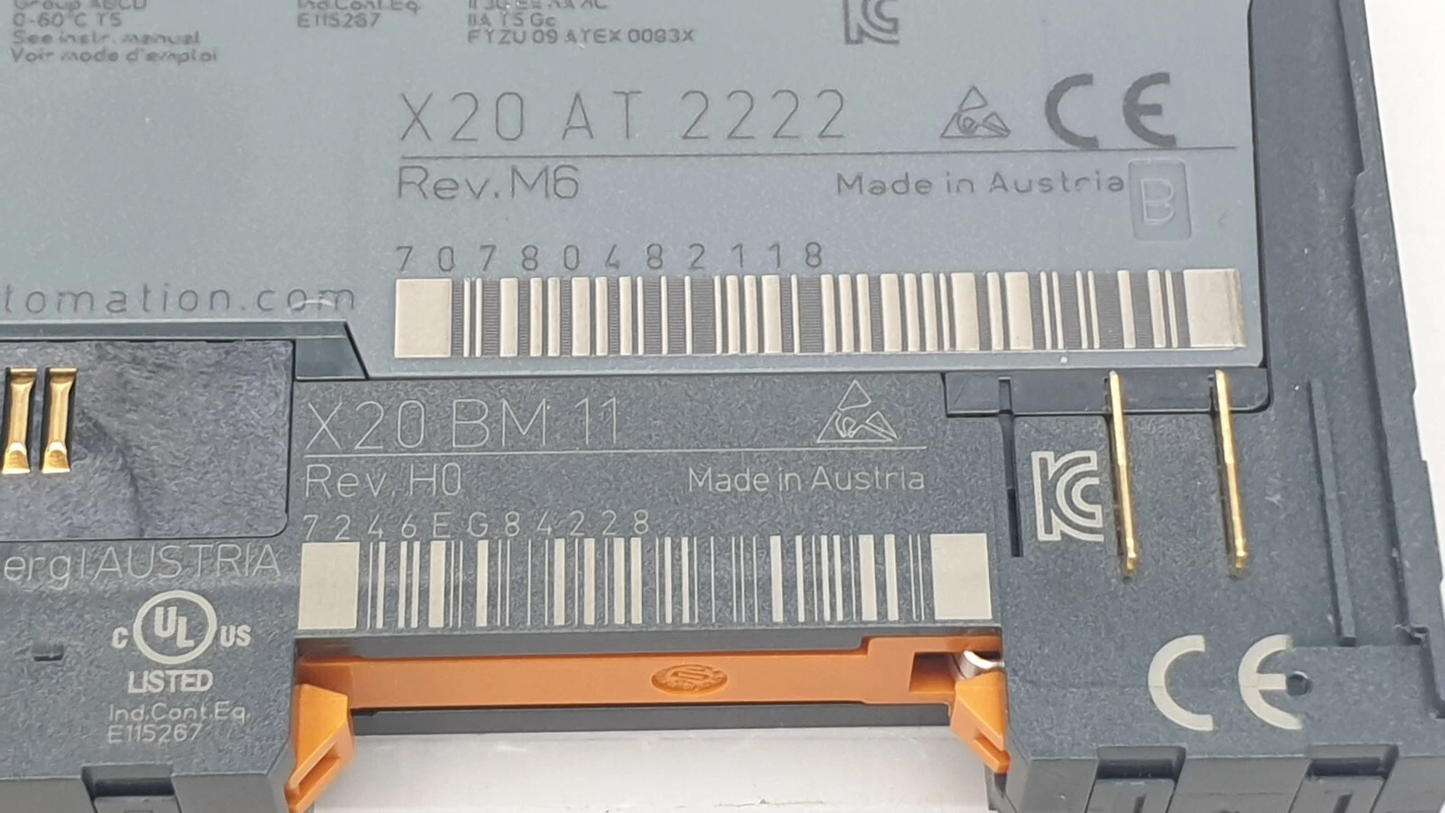 Close-up: X20 AT 2222 Rev. M6 serial 70780482118 and X20 BM 11 Rev. H0, Made in Austria