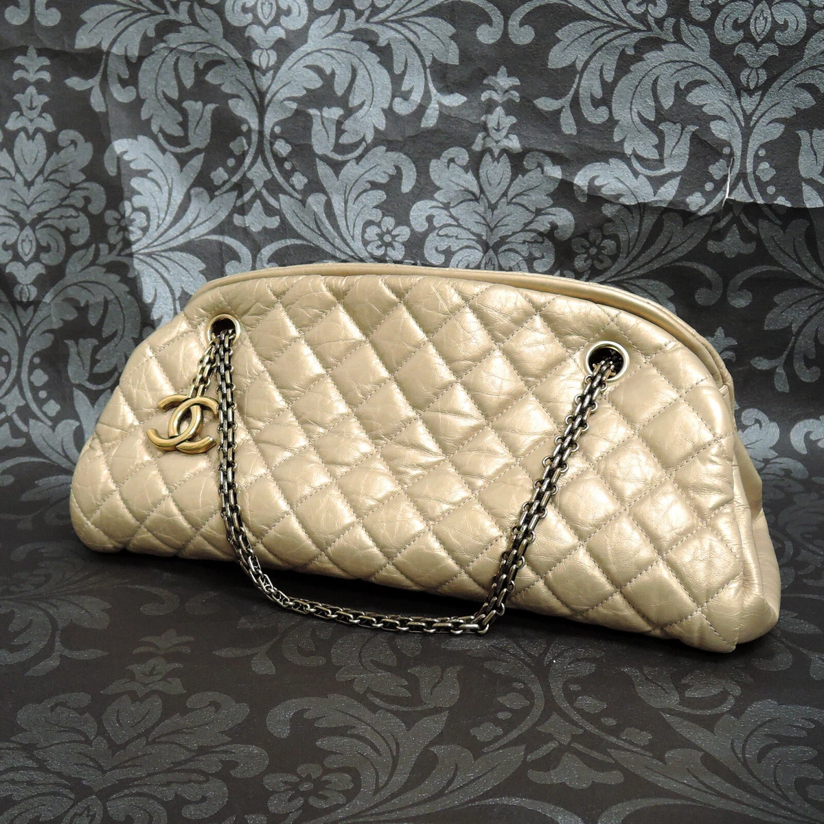 CHANEL Mademoiselle Lamb Skin Leather Gold Chain Bowling Handbag #2438  Rise-on