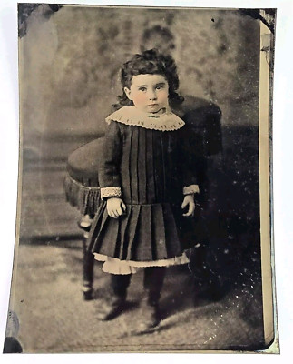 Stunning Antique Large Full Plate Tintype Photo Adorable Victorian Girl Tinted