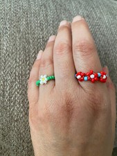 Set of 2 Handmade Beaded Flower Rings - Stretchy