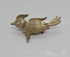 Vintage Metal Bird Brooch Pin Gold Tone Rhinestone Eye 1"