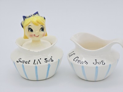Lefton ESD Holt Howard Competitor Lil' Sugar and Cream Jug Pixieware Blue White