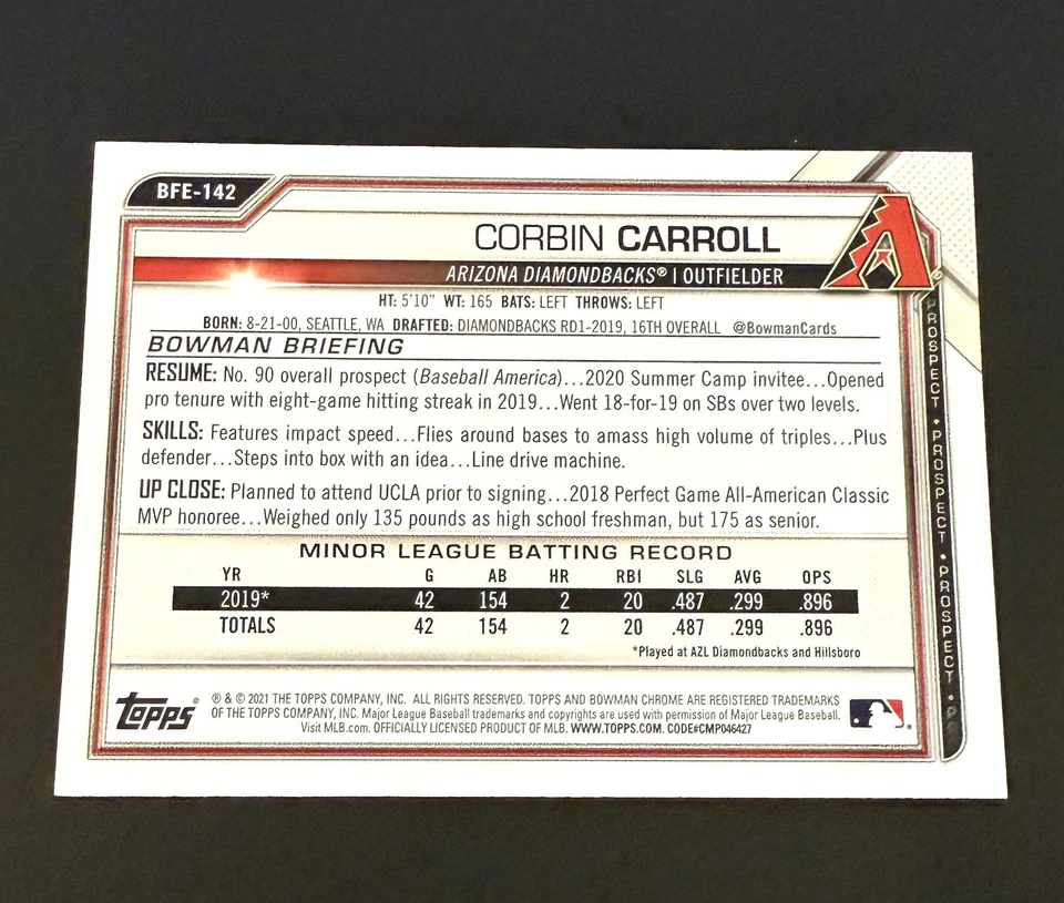 2021 Bowman 1ST Corbin Carroll  BFE-142 Rookie Yellow 64/75 - Image 2 of 2