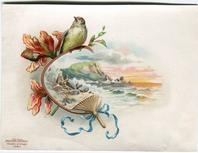 Glanzbilder Oblaten scraps Litho Landschaft Meer Vogel Fächer 13,9 cm