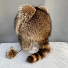 Women Men's Real Raccoon Fur Hat Trapper Hat Russian Hat Ushanka Ski Hunter Hat