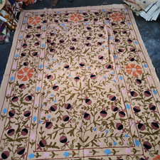 Vintage Style Suzani Hand Embroidery Cotton Bedspread Boho Rug Wall Hanging