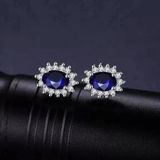 Lab-Created Blue Sapphire 14K White Gold Plated 3Ct Oval Cut Halo Stud Earrings