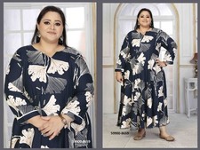 Indian Ethnic Stitched Long Kurta Plus Size Blue Printed Rayon Flared Dress