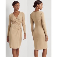 LAUREN Ralph Lauren Black Label Stretch Jersey Surplice Sheath Dress Tan Women 6
