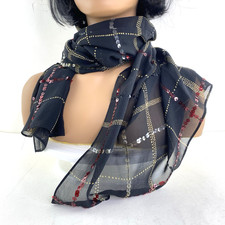 Black Sheer Long Scarf Red/White Sequin Embellished Appx 71" x 19" Lightweight