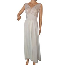 Vtg 1950s Vanity Fair Long Nightgown BeigeChiffon Nylon Tricot Embroidered 34