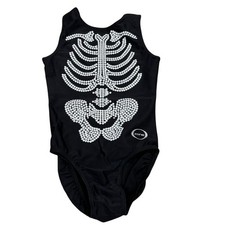 Black OZone Gymnastics Leotard With Rhinestone Skeleton Design AXS