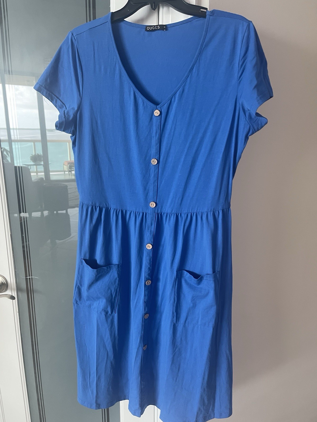 OUGES Royal Blue  V- Neck Button Down Skater Dres… - image 4