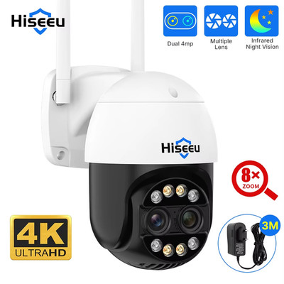 Hiseeu 4K 8MP Dual Lens PTZ Wifi IP Kamera 8X Zoom Outdoor HD Voll Farbe Nachtsi