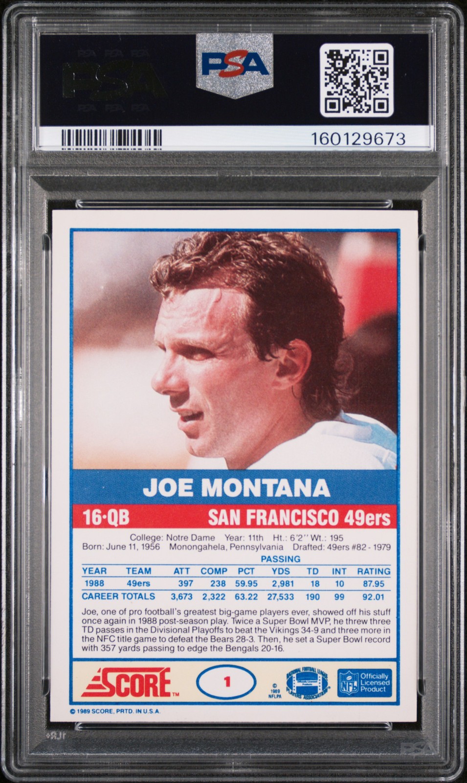 1989 SCORE #1 JOE MONTANA PSA 7 view 2