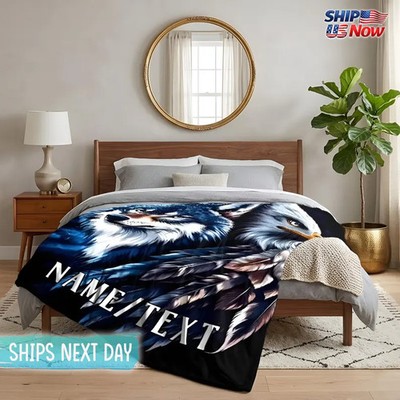 Personalized Wolf Eagle Blanket Custom Animal Art Throw Gift Idea