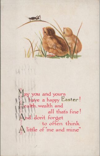 Easter chicks looking at grasshopper grass poem c1910s postcard C615 - Afbeelding 1 van 2