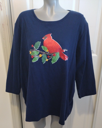 Kim Rogers Ladies 4X Christmas w/Red Cardinal 3/4 Sleeve 100% Cotton Top Sweater
