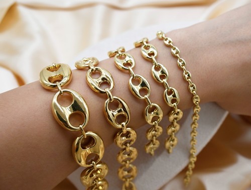 14K Real Gold-Puffed Mariner Anchor Link Chain Bracelet-Puffed Real Yellow Gold - Picture 7 of 12