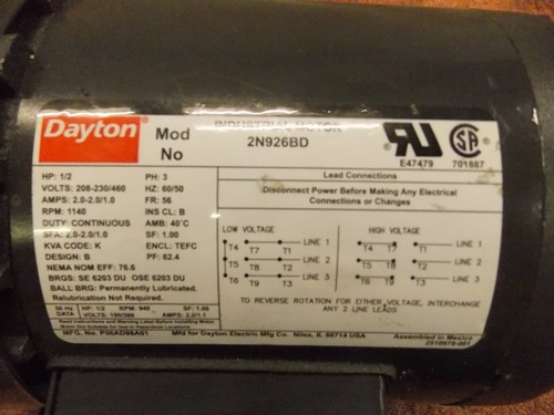 Dayton 2N926BD Electric Motor 56 3ph 1/2hp 1140rpm 208-230/460 General Purpose - Picture 4 of 16