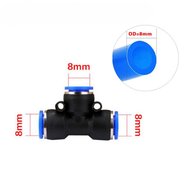 5Pcs Pneumatic Connector 3 Way T Push Quick Fitting 8mm OD Pipe Tube Air PE8 - Image 2 of 3