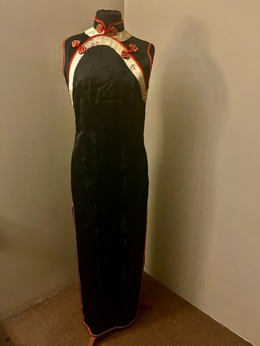 Vintage Peony Brand Black Red Gold Cheongsam Dress Gown Womens Size 36 (S)