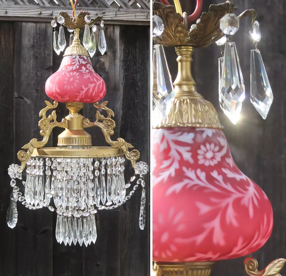 Vintage Daisy Fern Fenton Cranberry Glass Bronze Brass lamp crystal Chandelier