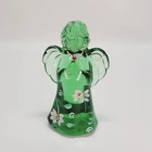 Fenton Avocado Green Glass Angel 5.5" Hand Painted Flowers Signed Cutshaw Jewel