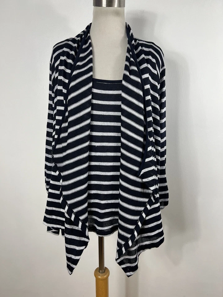 Jones New York 1X 毛衣海军蓝灰色条纹开衫大圆领长 Slv J9 — 第 2/4 张图片