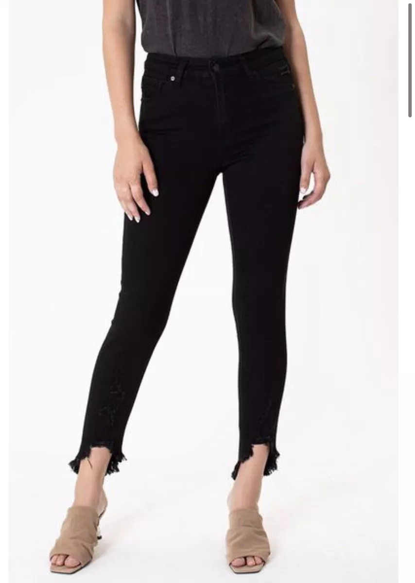 KanCan KC8395BK Black Mid Rise Shark Bite Fringe Hem Skinny Jeans Denim Sz 1 24