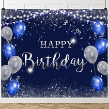 Navy Blue  Silver Happy Birthday Backdrop 10x8ft - Party Decorations, Photograp