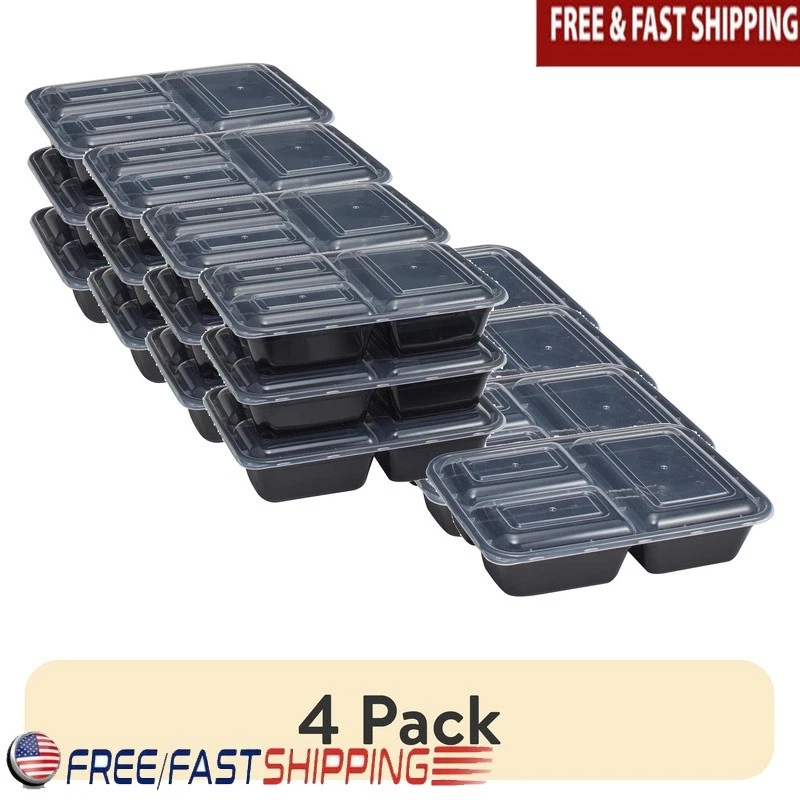 4 Pack Meal Prep Containers Stackable 3 Compartment BPA Free Microwave Safe New