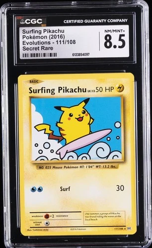 2016 POKEMON EVOLUTIONS SECRET RARE #111 SURFING PIKACHU CGC 8.5