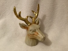 Deer Head Stag Christmas Ornament ~ Heavy Resin ~ Gold Antlers w/wear Rustic