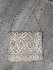 Beautiful Vintage BEADED CREAM CLUTCH EVENING BAG HANDMADE Chain SUPER PRETTY