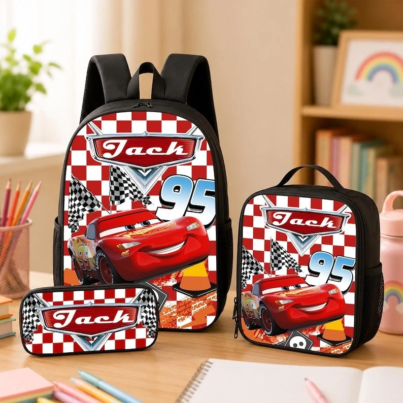 Personalized Speed Racing Boys Backpack 3 Pcs Set Custom Name School Bookbag