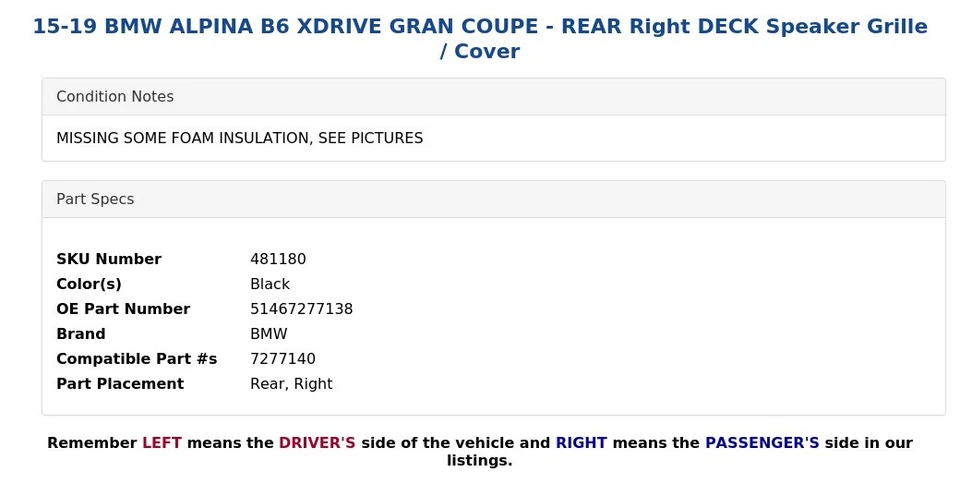15-19 宝马 ALPINA B6 XDRIVE GRAN COUPE - 右后甲板扬声器格栅/保护套 — 第 4/4 张图片